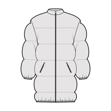 Uzun kollu, uzun kollu, yakalı, fermuarlı, uyluk uzunluğunda bir önlük.