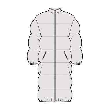 Uzun kollu, uzun yakalı, geniş yakalı, diz boyunda, uzun ceketli, teknik moda illüstrasyonu.