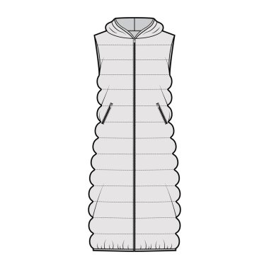 Kapüşonlu yelekli kabarık yelek teknik moda illüstrasyonu fermuarlı, midi boy, klasik yorgan dikme