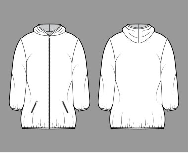 Uzun kollu, kapüşonlu, fermuarlı kapaklı, uyluk uzunluğunda...