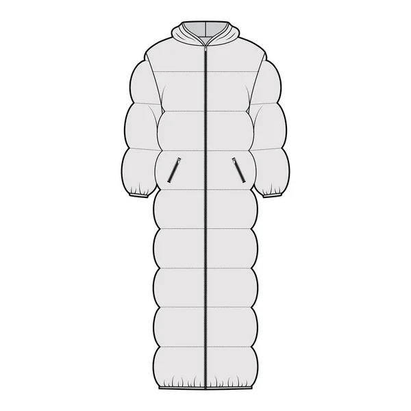Hooded puffer quiltad skal dunjacka teknisk mode illustration med långa ärmar, zip-up stängning, överdimensionerad — Stock vektor