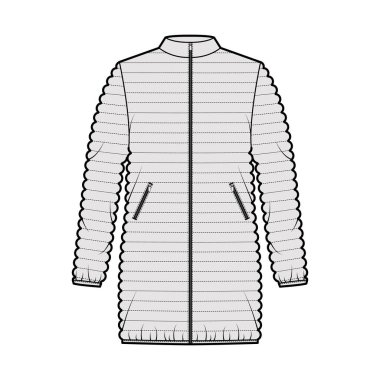 Uzun kollu, yaka, kalça uzunluğu, dar yorgan.