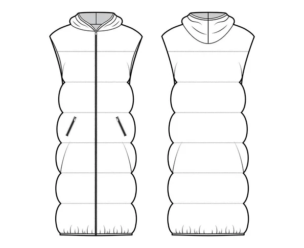 stock vector Down vest puffer waistcoat technical fashion illustration with sleeveless, hoody collar, zip-up closure, oversized