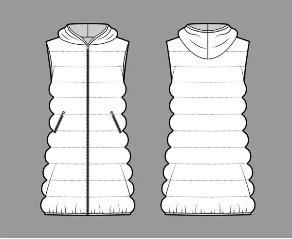 Daunenweste Puffer Weste technische Mode Illustration mit Kapuzenkragen Reißverschluss, lockerer Körper, klassische Steppung — Stockvektor