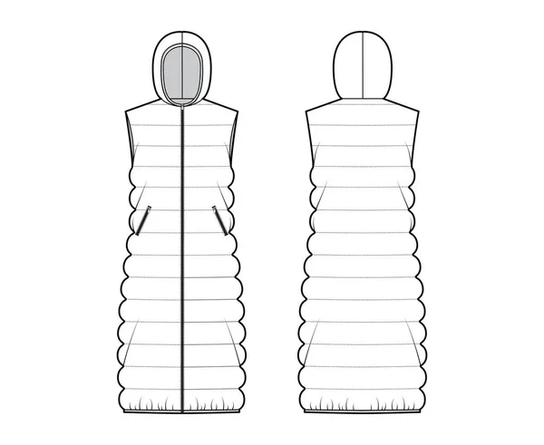 Gilet à capuche gilet gonflable illustration de mode technique avec fermeture zip-up, longueur midi, matelassage classique — Image vectorielle