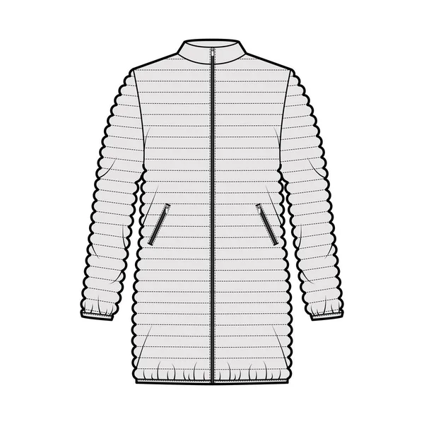 Down puffer jas technische mode illustratie met lange mouwen, standaard kraag, heuplengte, smalle quilten — Stockvector