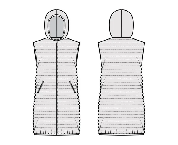 Daunenweste Kugelweste technische Modeillustration mit ärmellosem Kapuzenkragen, lockerer Passform, schmale Steppung — Stockvektor