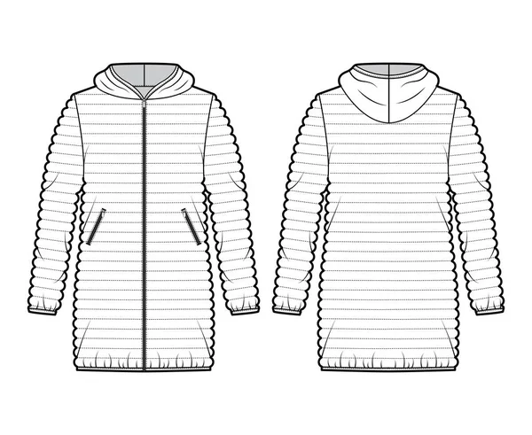 Jacheta puffer jos ilustrație tehnică de modă cu mâneci lungi, guler hoody, buzunare, supradimensionate, lungime șold — Vector de stoc