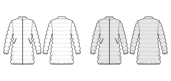 Dolů oteplovací kabát technické módní ilustrace s dlouhými rukávy, stojan límec, délka stehen, klasické prošívání — Stockový vektor