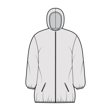 Uzun kollu, kapüşonlu, fermuarlı kapaklı, uyluk uzunluğunda...