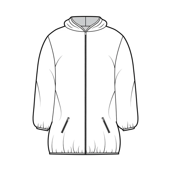 Chaqueta de abrigo hinchable abajo ilustración técnica de moda con mangas largas, cuello con capucha, cierre con cremallera, longitud del muslo — Vector de stock