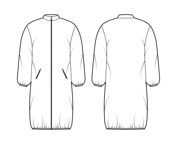 З капюшоном пуховик пальто технічна модна ілюстрація з довгими рукавами, закриттям блискавки, кишенями, кишенями, довжиною коліна — стоковий вектор