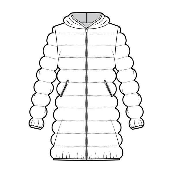 Huva jacka Down puffer päls teknisk mode illustration med zip-up stängning, lår längd, klassisk quiltning — Stock vektor