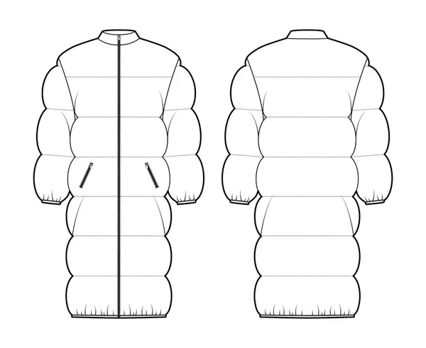 Chaqueta de abrigo hinchable abajo ilustración técnica de moda con mangas largas, cuello de pie, sobredimensionado, longitud de rodilla — Vector de stock