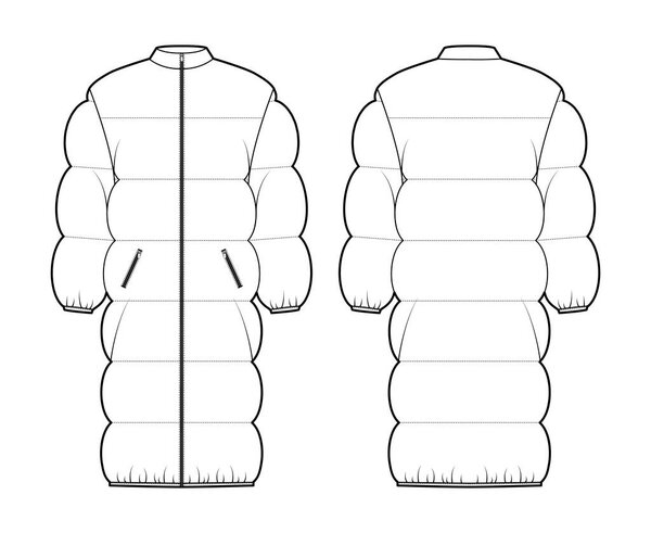 Вниз куртка пиджак техническая мода иллюстрация с длинными рукавами, воротник стенда, негабаритные, длина колена