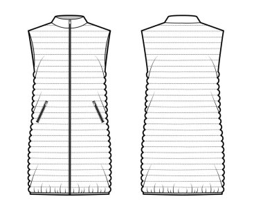 Yelekten aşağı kabarık yelek teknik tasmalı tasmalı, fermuarlı, bol kesimli, uyluk uzunluğunda.