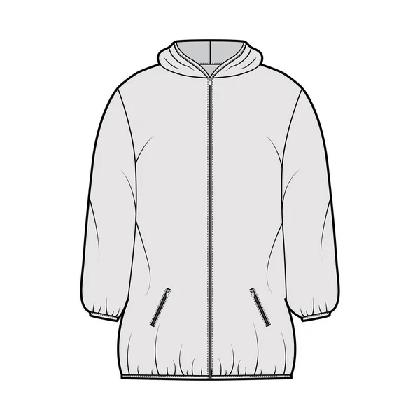 Chaqueta de abrigo hinchable abajo ilustración técnica de moda con mangas largas, cuello con capucha, cierre con cremallera, longitud del muslo — Vector de stock