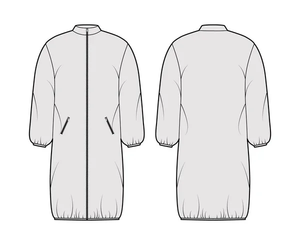 Casaco com capuz casaco de puffer ilustração de moda técnica com mangas compridas, fecho de correr, bolsos, boxy, comprimento do joelho —  Vetores de Stock