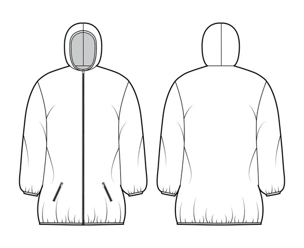 Вниз куртка пиджак техническая мода иллюстрация с длинными рукавами, воротник с капюшоном, застежка-молния, длина бедра — стоковый вектор