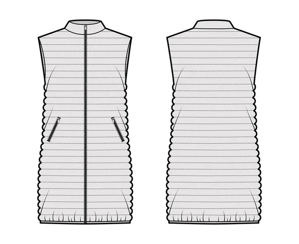 Γιλέκο γιλέκο puffer τεχνική απεικόνιση μόδας με stand collar, zip-up κλείσιμο, χαλαρή εφαρμογή, μήκος μηρού — Διανυσματικό Αρχείο