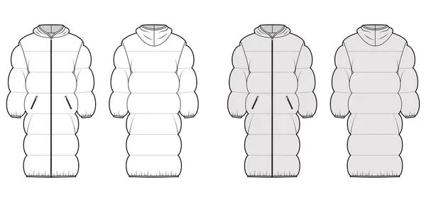 Dolní oteplovací kabát technická módní ilustrace s dlouhými rukávy, límeček, zapínání na zip-up, délka kolena — Stockový vektor