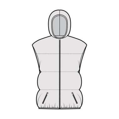 Kapüşonlu yakalı, fermuarlı, kalça uzunluğunda, geniş yorganlı yelek, teknik moda çizimi.