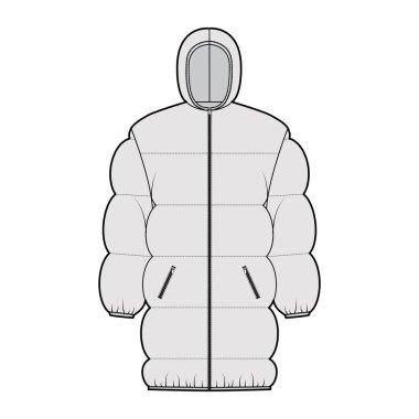 Kabarık ceketli, teknik desenli, kapüşonlu, fermuarlı, geniş, uyluk uzunluğunda.