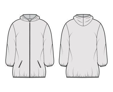 Uzun kollu, kapüşonlu, fermuarlı kapaklı, uyluk uzunluğunda...