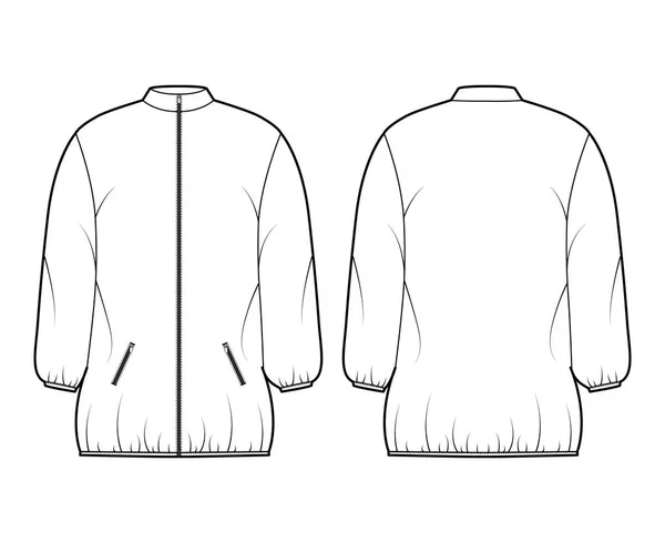 Down puffer jacka teknisk mode illustration med långa ärmar, stativ krage, fickor, boxy passform, lår längd — Stock vektor