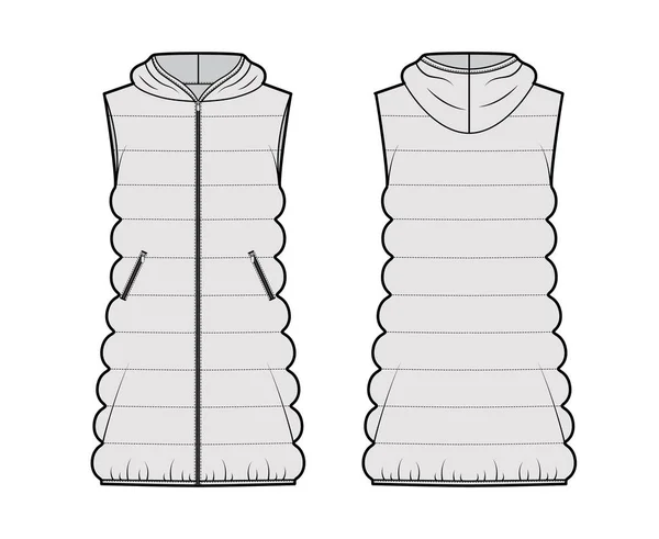 Down vest puffer waistcoat technical fashion illustration with hoody collar zip-up closure, loose body, classic quilting — Stock Vector