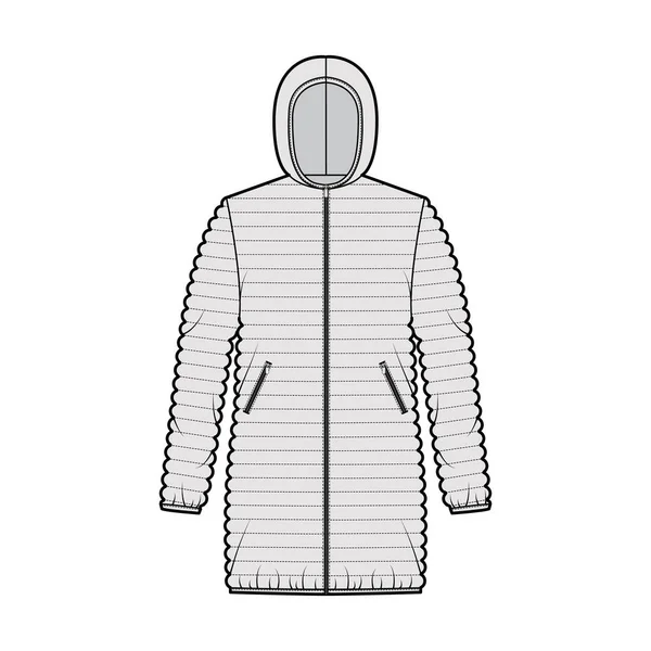 Daunenjacke mit Kugelfell technische Mode Illustration mit langen Ärmeln, Kapuzenkragen, Taschen, Übergröße, Hüftlänge — Stockvektor