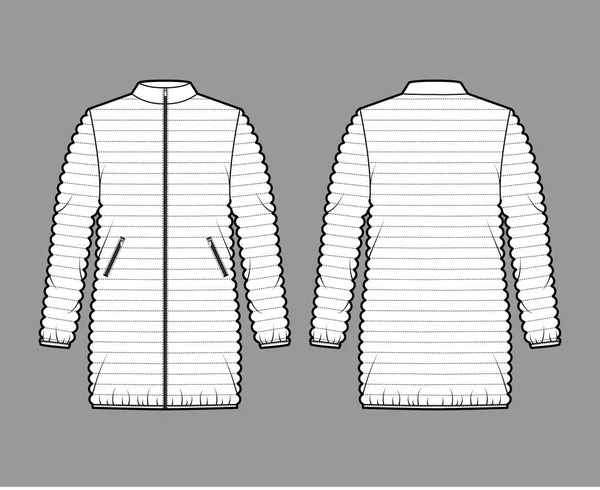 Chaqueta de abrigo hinchable abajo ilustración técnica de moda con mangas largas, cuello de pie, longitud de cadera, acolchado estrecho — Vector de stock