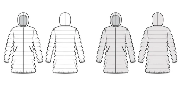 Bluza z kapturem Płaszcz puffer down ilustracja mody technicznej z zamknięciem na zamek błyskawiczny, długość uda, klasyczne pikowanie — Wektor stockowy