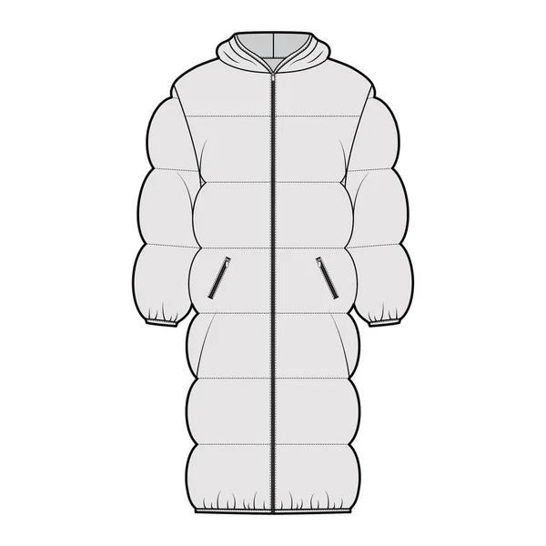 Giacca in piumino puffer illustrazione tecnica di moda con maniche lunghe, colletto con cappuccio, chiusura con zip, lunghezza ginocchio — Vettoriale Stock