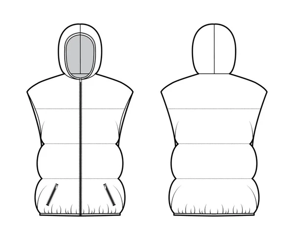 Down γιλέκο puffer γιλέκο τεχνική εικόνα μόδας με κουκούλα γιακά, zip-up κλείσιμο, το μήκος του ισχίου, ευρύ παπλώματος — Διανυσματικό Αρχείο