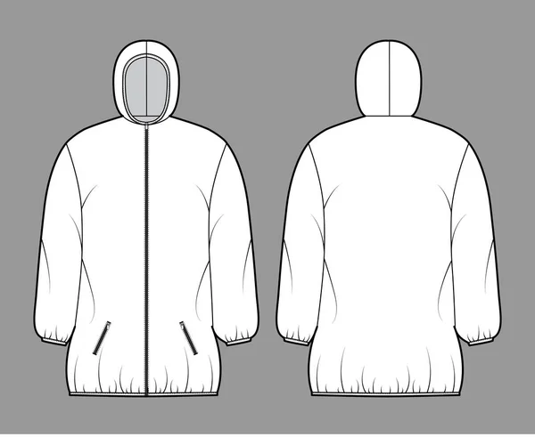 Doudoune doudoune illustration de mode technique avec manches longues, col à capuche, fermeture zip, longueur de la cuisse — Image vectorielle