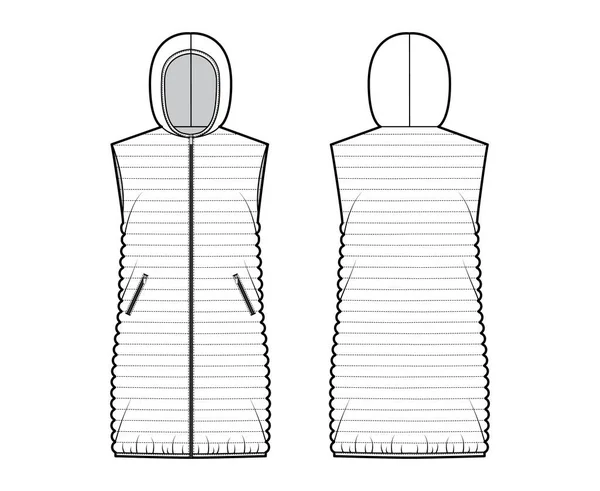 Down γιλέκο puffer γιλέκο τεχνική εικόνα μόδας με αμάνικο, hoody γιακά, χαλαρή εφαρμογή, στενό παπλώματος — Διανυσματικό Αρχείο