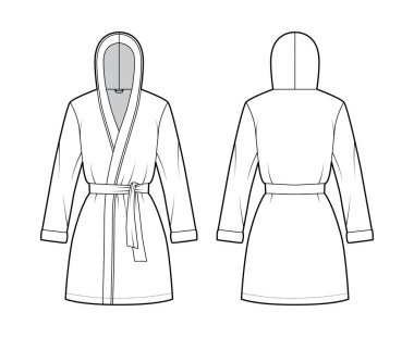 Kapüşonlu Bornoz Giyinme Teknik Moda Çizimi Açılışı, mini boy, büyük boy, kravat, uzun kollu