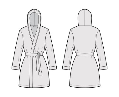 Kapüşonlu Bornoz Giyinme Teknik Moda Çizimi Açılışı, mini boy, büyük boy, kravat, uzun kollu