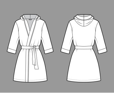 Bornoz kapüşonlu Gecelik Teknik moda tasviri Açılışı, mini boy, kravat, cep, dirsek kolları