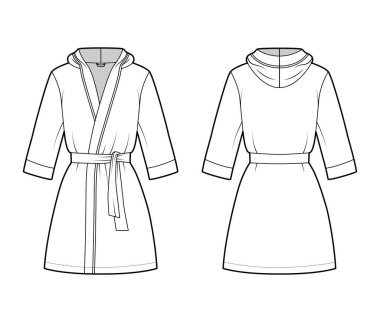 Bornoz kapüşonlu Gecelik Teknik moda tasviri Açılışı, mini boy, kravat, cep, dirsek kolları