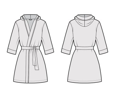 Bornoz kapüşonlu Gecelik Teknik moda tasviri Açılışı, mini boy, kravat, cep, dirsek kolları