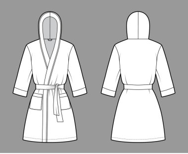 Bornoz kapüşonlu Gecelik Teknik moda tasviri Açılışı, mini boy, kravat, cep, dirsek kolları