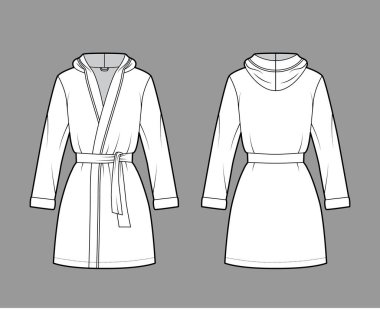 Kapüşonlu Bornoz Giyinme Teknik Moda Çizimi Açılışı, mini boy, büyük boy, kravat, uzun kollu