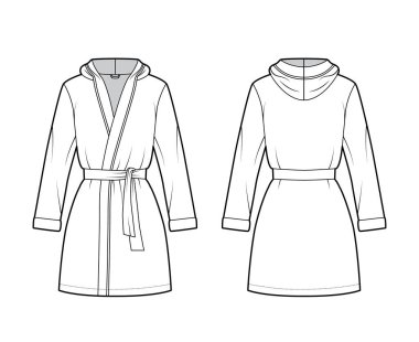 Kapüşonlu Bornoz Giyinme Teknik Moda Çizimi Açılışı, mini boy, büyük boy, kravat, uzun kollu