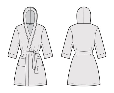 Bornoz kapüşonlu Gecelik Teknik moda tasviri Açılışı, mini boy, kravat, cep, dirsek kolları