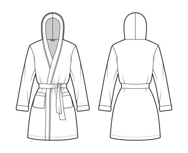 Kapüşonlu Bornoz Giyinme Teknik Moda Çizimi Açılışı, mini boy, büyük boy, kravat, uzun kollu