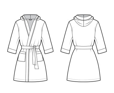 Bornoz kapüşonlu Gecelik Teknik moda tasviri Açılışı, mini boy, kravat, cep, dirsek kolları