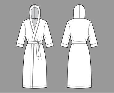 Bornozlar kapüşonlu teknik moda illüstrasyonlu. Diz boyu, kravat, cep, dirsek kollu.