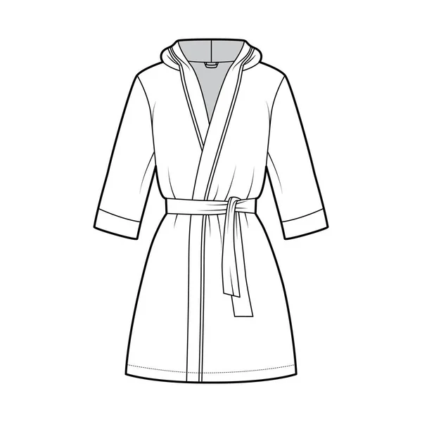 Bathrobe hooded Dressing gown technical fashion illustration with wrap opening, mini length, tie, pocket, elbow sleeves — Stock Vector
